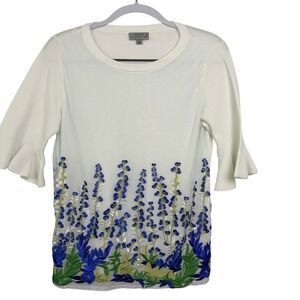 Joseph A Embroidered Floral Ruffle Bell Sleeve Top Medium White Blue